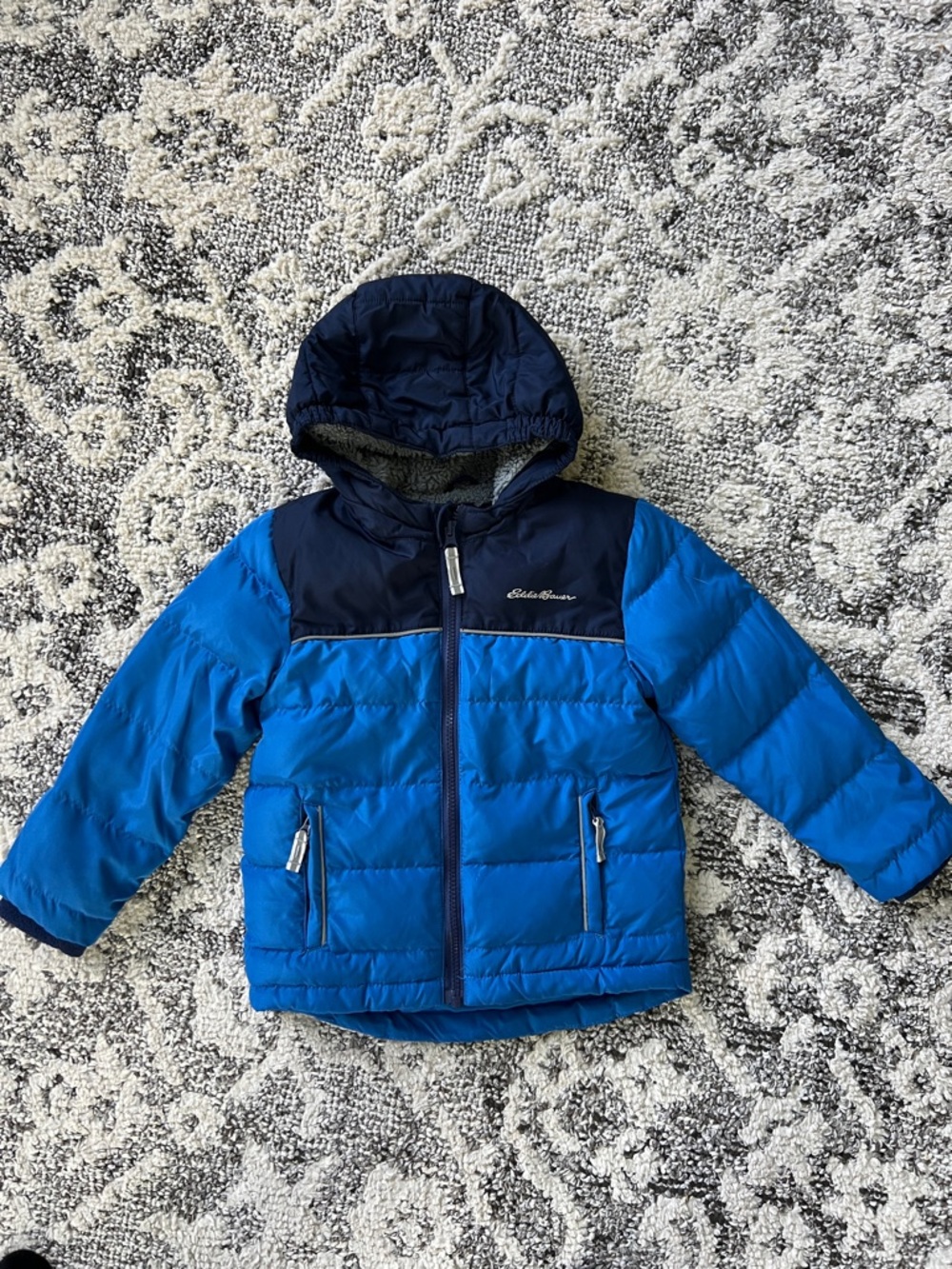 Eddie Bauer Bright Blue and Navy Quilted Hooded Jacket